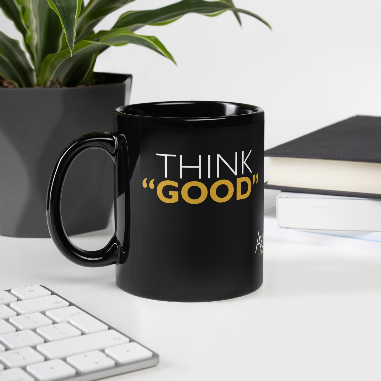 Black Glossy Mug with Logo, Think GOOD, and The Central Question
