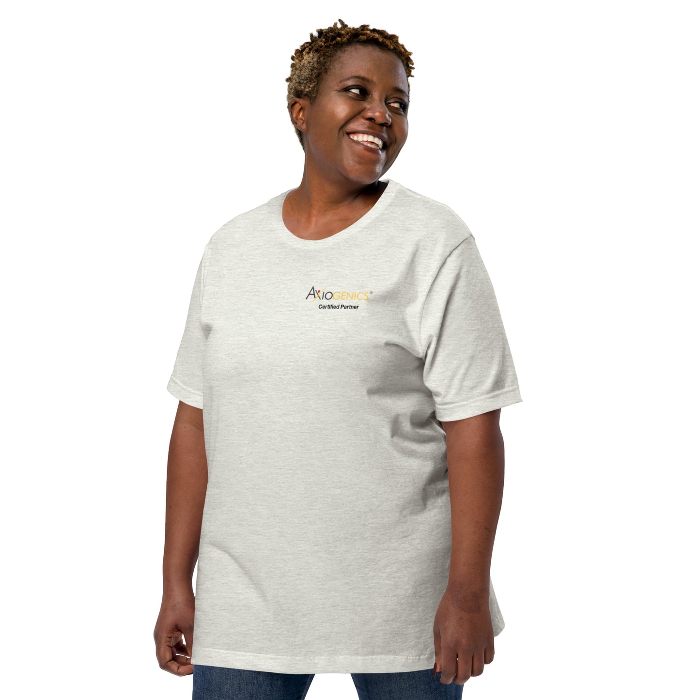 Light-Colored Short-Sleeve Unisex T-Shirt: Certified Partner & Logo on Front, Be the Good.. on back