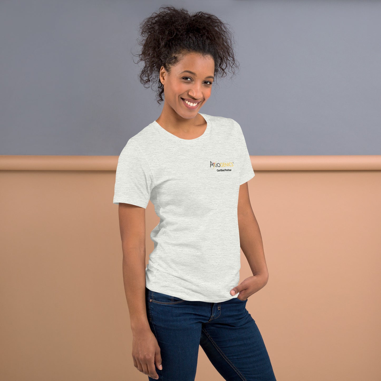 Light-Colored Short-Sleeve Unisex T-Shirt: Certified Partner & Logo on Front, Be the Good.. on back