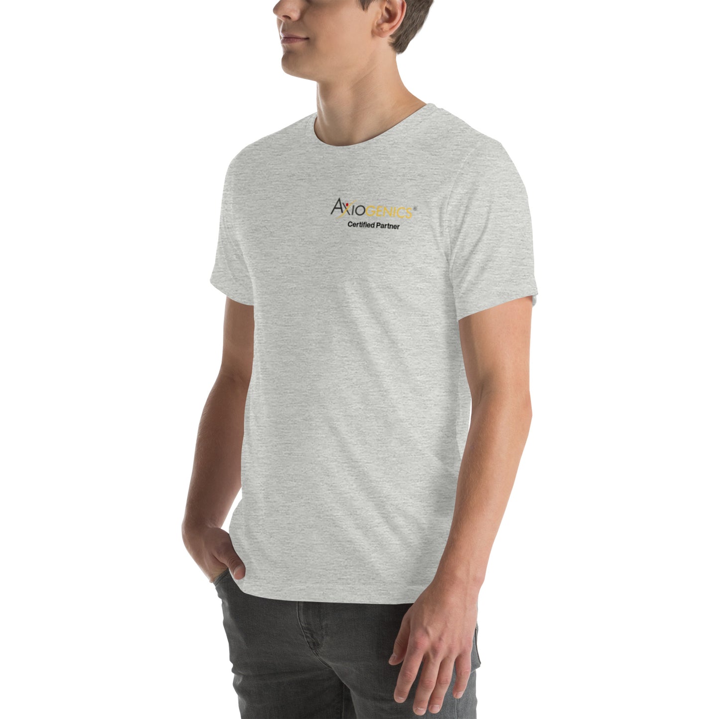 Light-Colored Short-Sleeve Unisex T-Shirt: Certified Partner & Logo on Front, Be the Good.. on back
