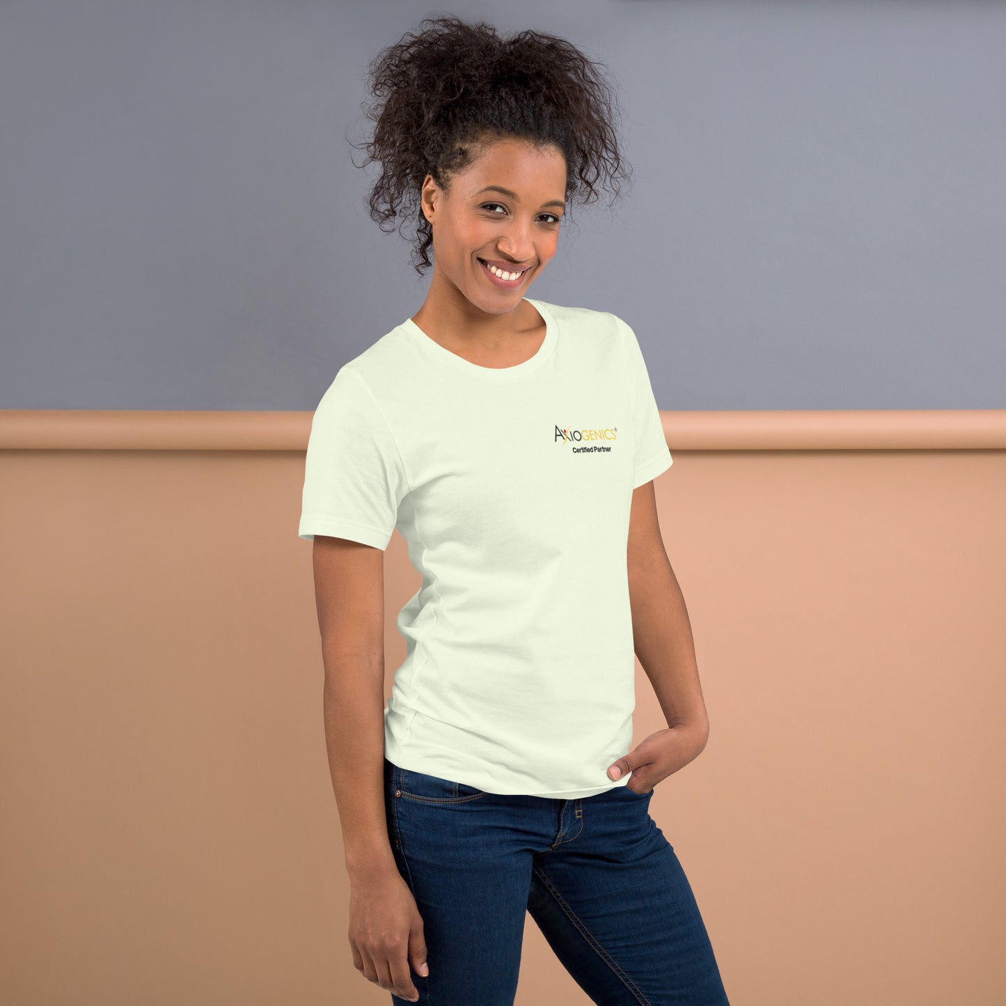 Light-Colored Short-Sleeve Unisex T-Shirt: Certified Partner & Logo on Front, Be the Good.. on back