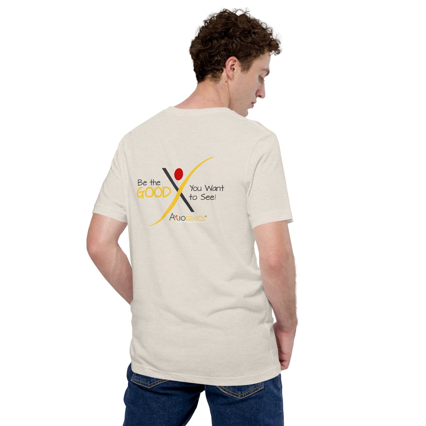 Light-Colored Short-Sleeve Unisex T-Shirt: Certified Partner & Logo on Front, Be the Good.. on back