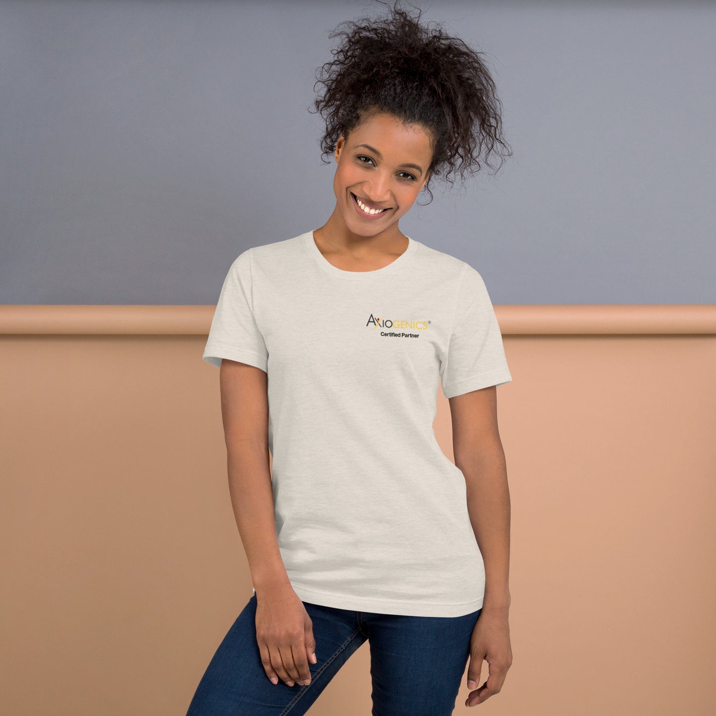 Light-Colored Short-Sleeve Unisex T-Shirt: Certified Partner & Logo on Front, Be the Good.. on back