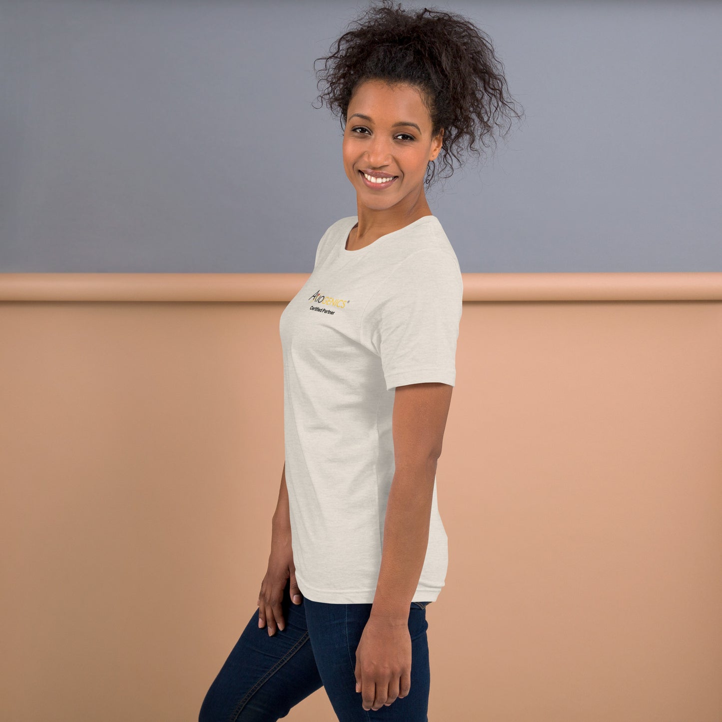 Light-Colored Short-Sleeve Unisex T-Shirt: Certified Partner & Logo on Front, Be the Good.. on back