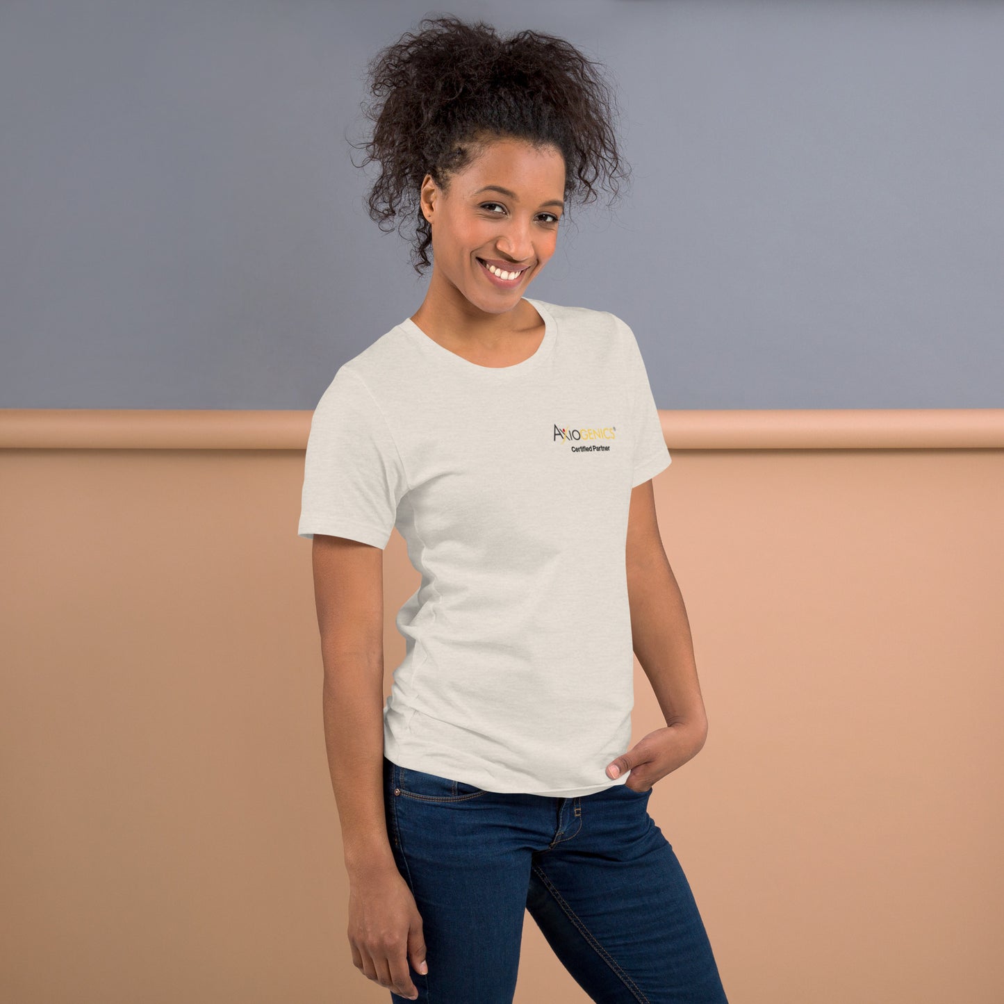 Light-Colored Short-Sleeve Unisex T-Shirt: Certified Partner & Logo on Front, Be the Good.. on back