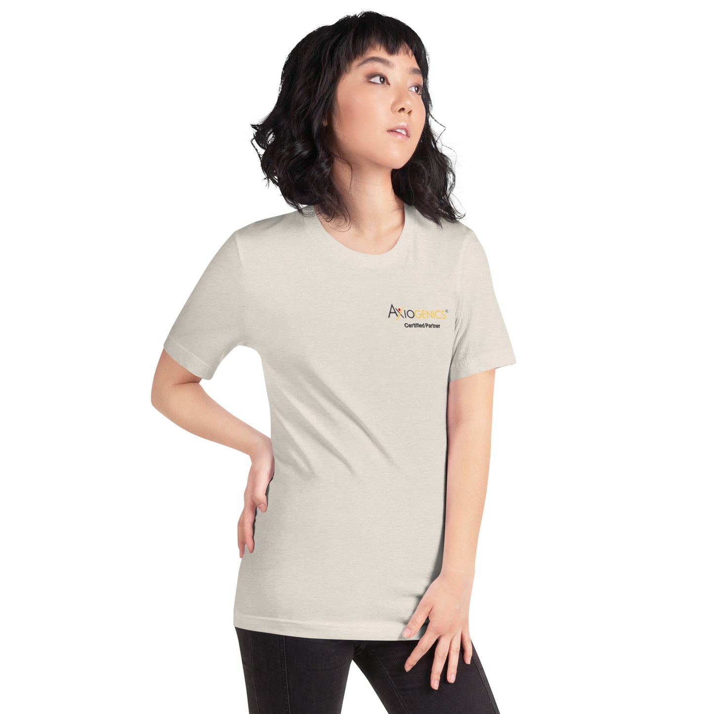 Light-Colored Short-Sleeve Unisex T-Shirt: Certified Partner & Logo on Front, Be the Good.. on back