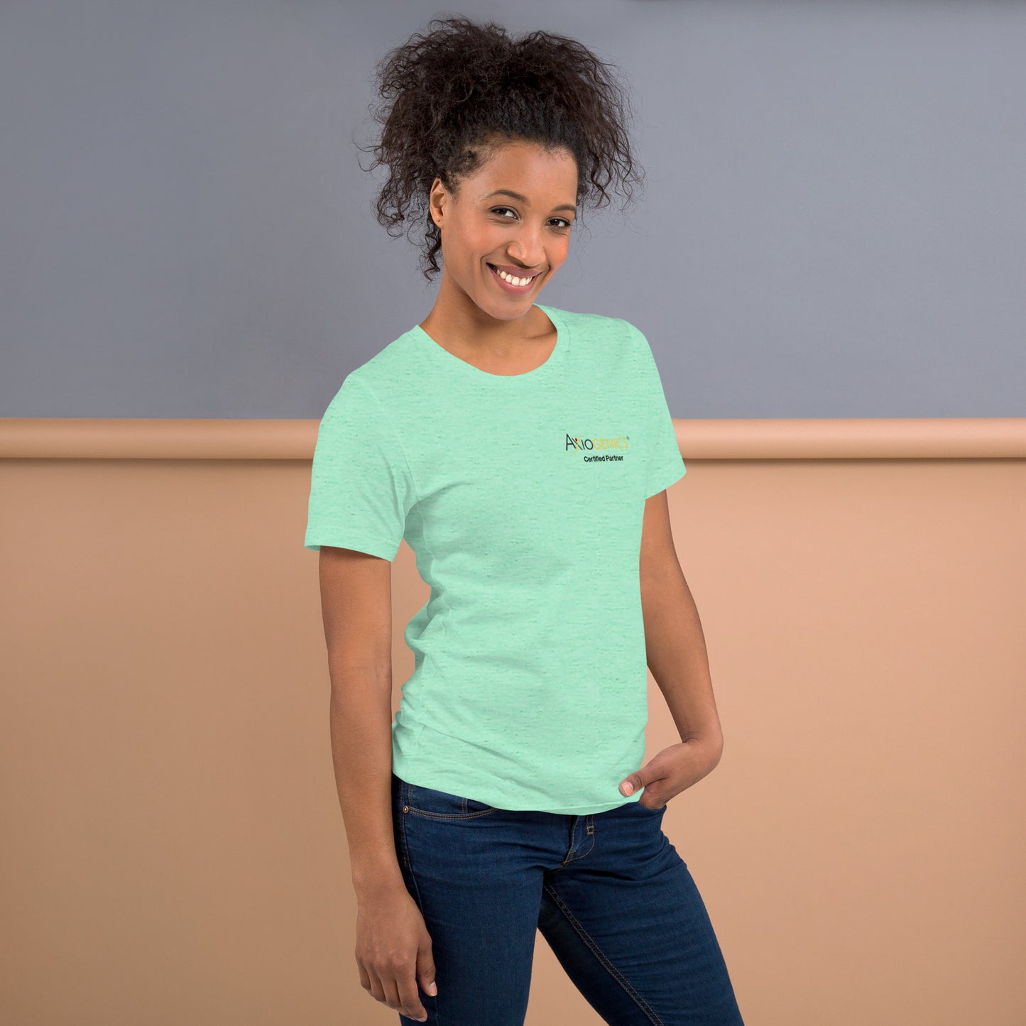 Light-Colored Short-Sleeve Unisex T-Shirt: Certified Partner & Logo on Front, Be the Good.. on back