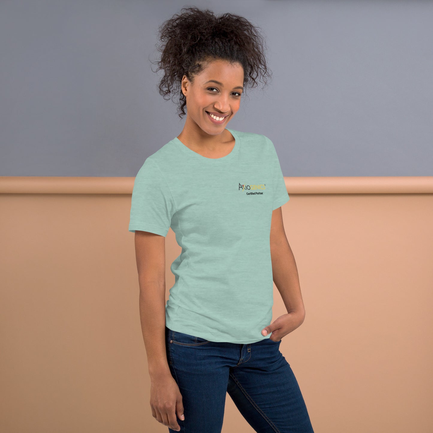 Light-Colored Short-Sleeve Unisex T-Shirt: Certified Partner & Logo on Front, Be the Good.. on back