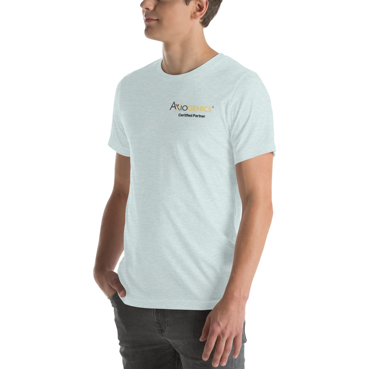 Light-Colored Short-Sleeve Unisex T-Shirt: Certified Partner & Logo on Front, Be the Good.. on back