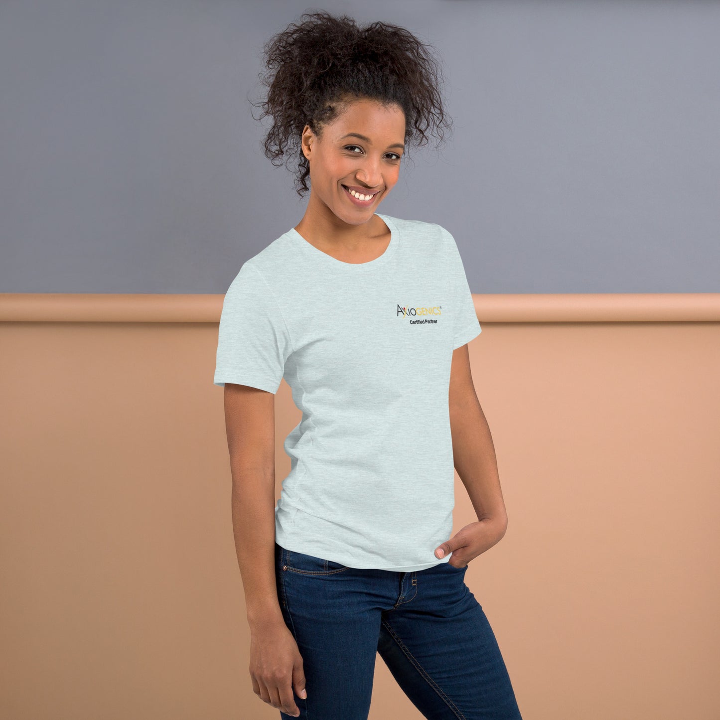 Light-Colored Short-Sleeve Unisex T-Shirt: Certified Partner & Logo on Front, Be the Good.. on back