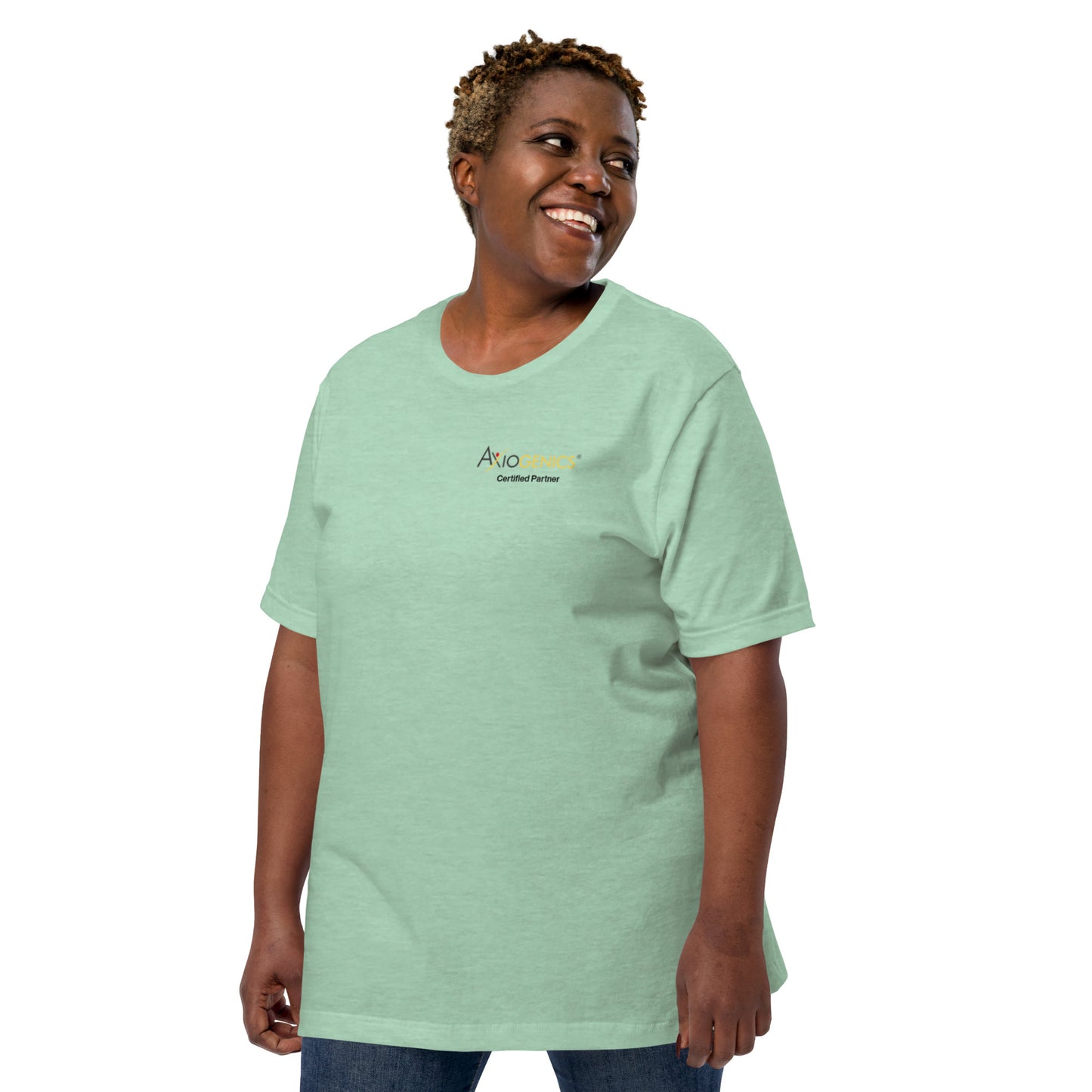 Light-Colored Short-Sleeve Unisex T-Shirt: Certified Partner & Logo on Front, Be the Good.. on back