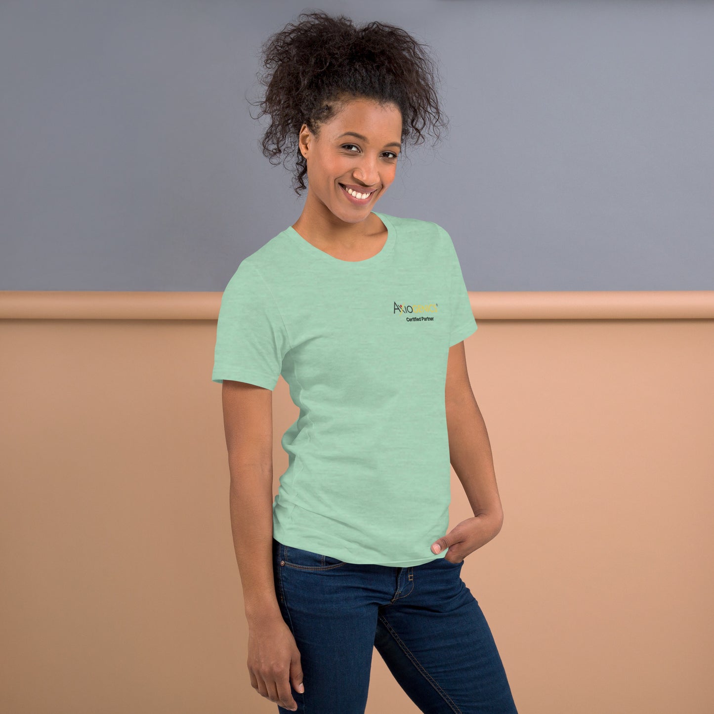 Light-Colored Short-Sleeve Unisex T-Shirt: Certified Partner & Logo on Front, Be the Good.. on back