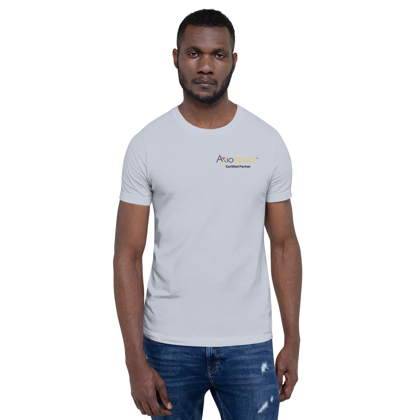 Light-Colored Short-Sleeve Unisex T-Shirt: Certified Partner & Logo on Front, Be the Good.. on back