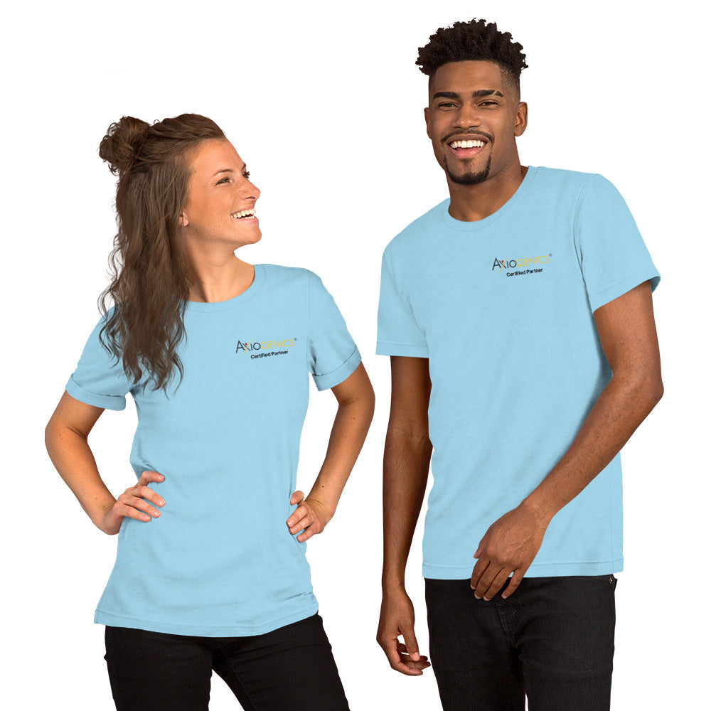 Light-Colored Short-Sleeve Unisex T-Shirt: Certified Partner & Logo on Front, Be the Good.. on back