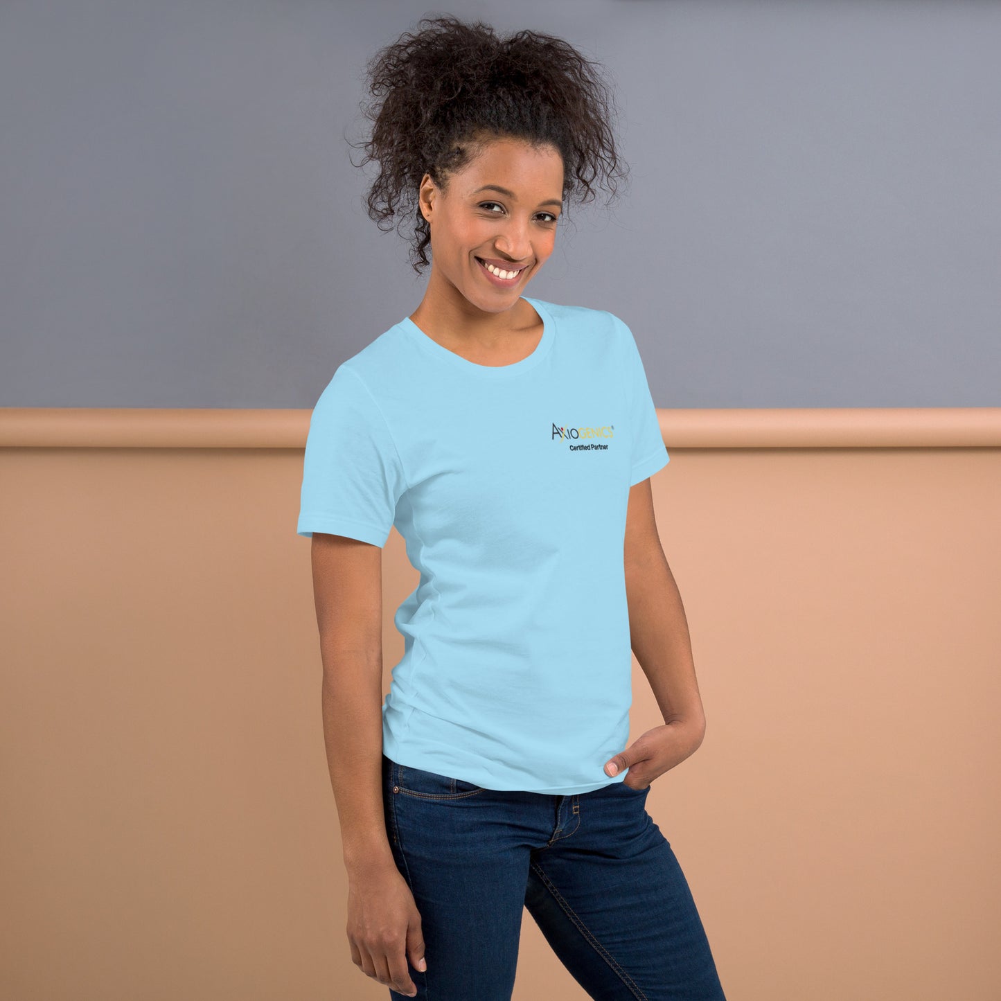 Light-Colored Short-Sleeve Unisex T-Shirt: Certified Partner & Logo on Front, Be the Good.. on back