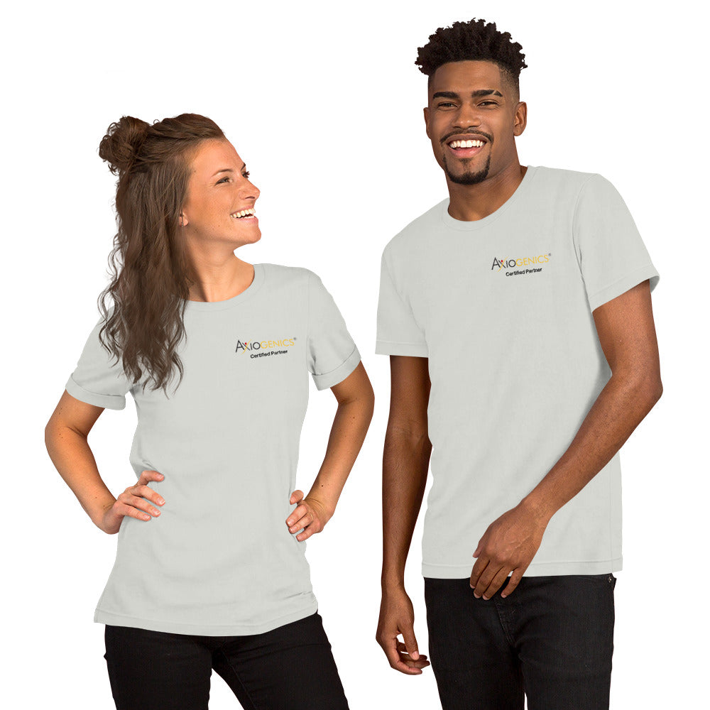 Light-Colored Short-Sleeve Unisex T-Shirt: Certified Partner & Logo on Front, Be the Good.. on back