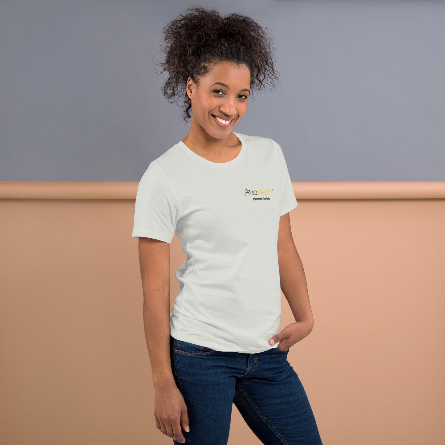 Light-Colored Short-Sleeve Unisex T-Shirt: Certified Partner & Logo on Front, Be the Good.. on back