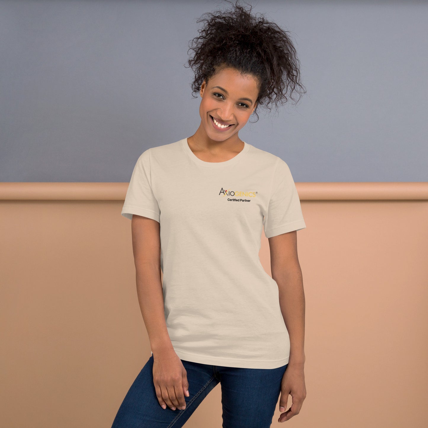 Light-Colored Short-Sleeve Unisex T-Shirt: Certified Partner & Logo on Front, Be the Good.. on back