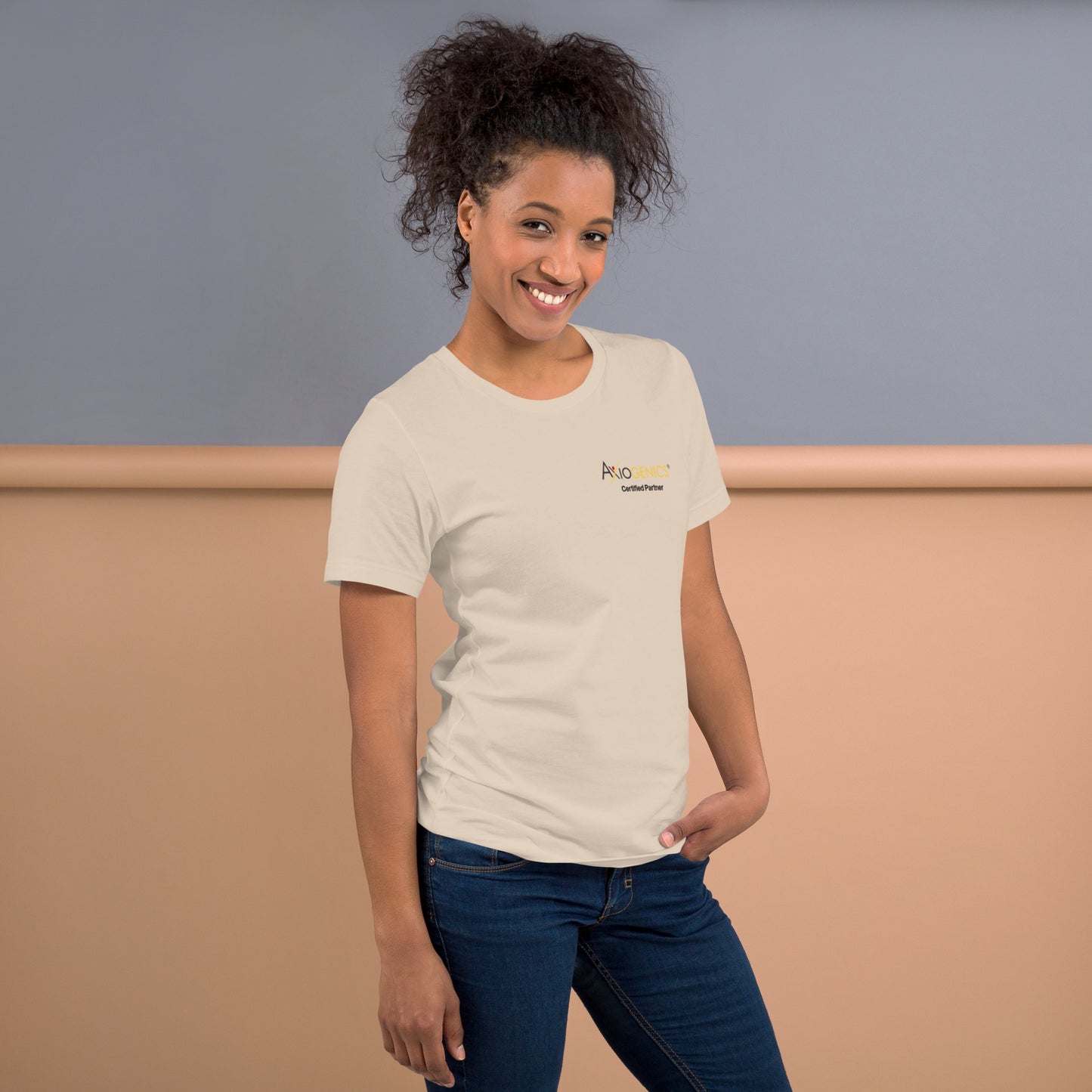 Light-Colored Short-Sleeve Unisex T-Shirt: Certified Partner & Logo on Front, Be the Good.. on back