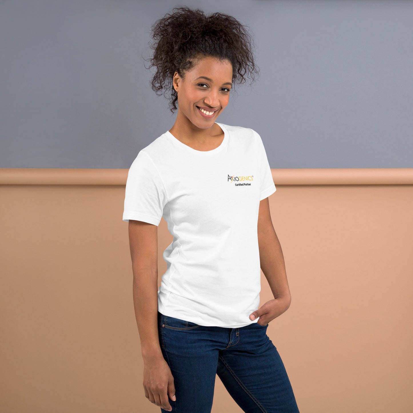 Light-Colored Short-Sleeve Unisex T-Shirt: Certified Partner & Logo on Front, Be the Good.. on back