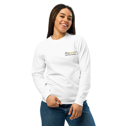 Heavyweight white long-sleeve shirt with embroidered logo and tagline