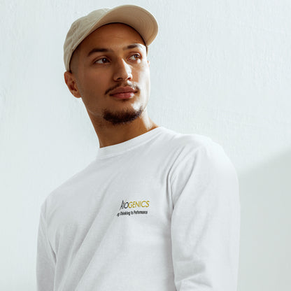 Heavyweight white long-sleeve shirt with embroidered logo and tagline