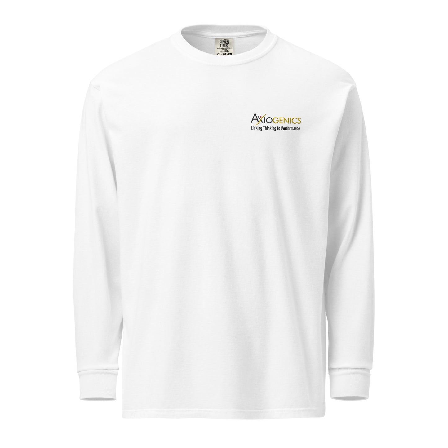 Heavyweight white long-sleeve shirt with embroidered logo and tagline