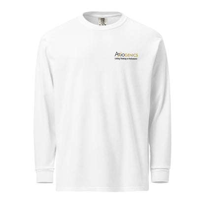 Heavyweight white long-sleeve shirt with embroidered logo and tagline