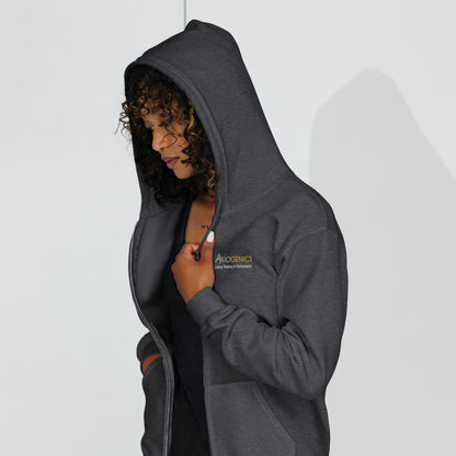 Dark Unisex heavy blend zip hoodie with Axiogenics Logo and tagline on front