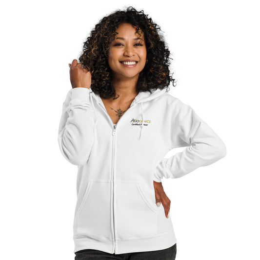 Unisex heavy blend zip hoodie w/ Up Your VQ on back Embroidered Partner Logo on Front