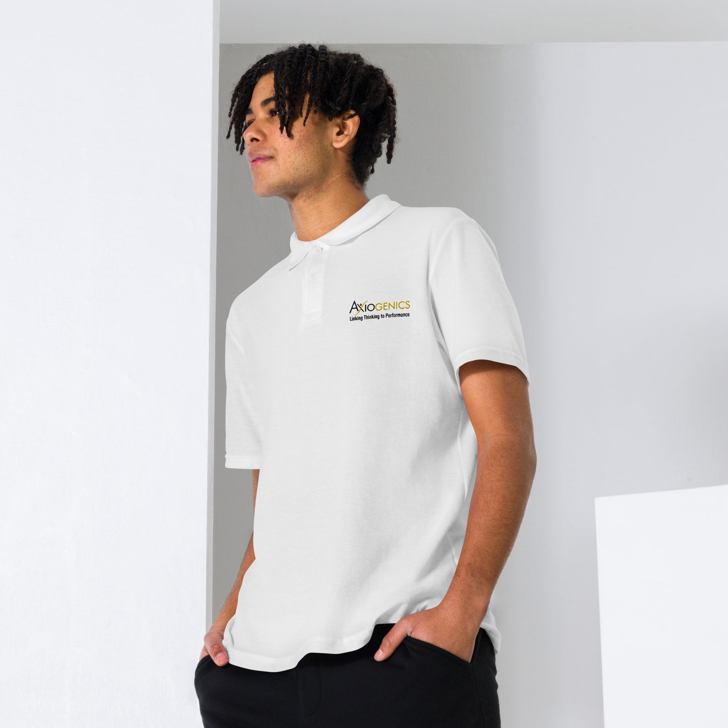 Unisex pique polo shirt w/ Axiogenics Logo and Tag line