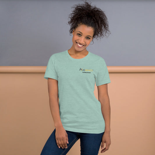 Light-Colored Short-Sleeve Unisex T-Shirt: Certified Partner & Logo on Front, Be the Good.. on back